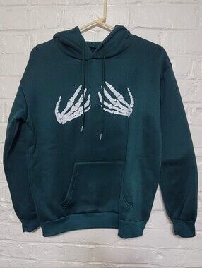 SHEIN Dark Teal Hoodie with White Skeleton Hand Graphic